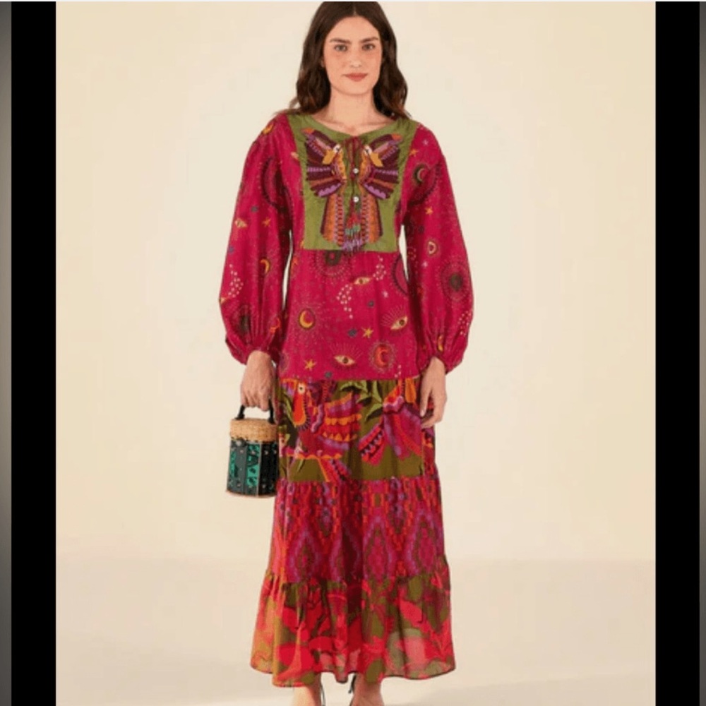NWT FARM Rio MIXED PRINTS EMBROIDERED YOKE MAXI DRESS